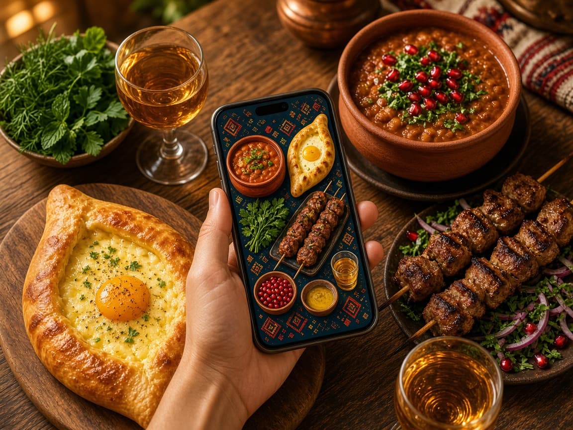 Georgian dishes on a table and a guest browsing the menu on a phone
